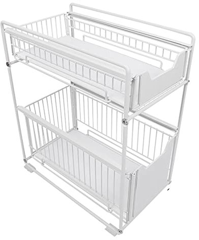 Drumm Tiroir de Rangement à 2 étages,Rganisateur sous évier,Paniers Coulissants Amovibles Coulissant en Métal,Porte-épices pour Cuisine,Salle de bain,Bureau,Blanc