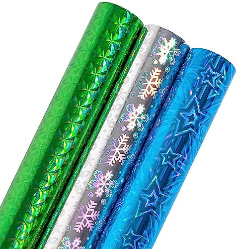 LeZakaa Holografisches Folien-Geschenkpapier - Mini-Rolle - Silberne Schneeflocke/Blauer Stern/Grünes geometrisches Muster für Weihnachten, Urlaub, Hochzeit, Geburtstag - 17 x 120 Zoll - 3 Rollen