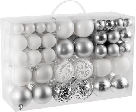 Set 100 Palline di Natale Ornamenti,Ø3/4/6 cm ,Addobbi Natalizie in Argento&Bianco, Accessori Decorativi per Albero