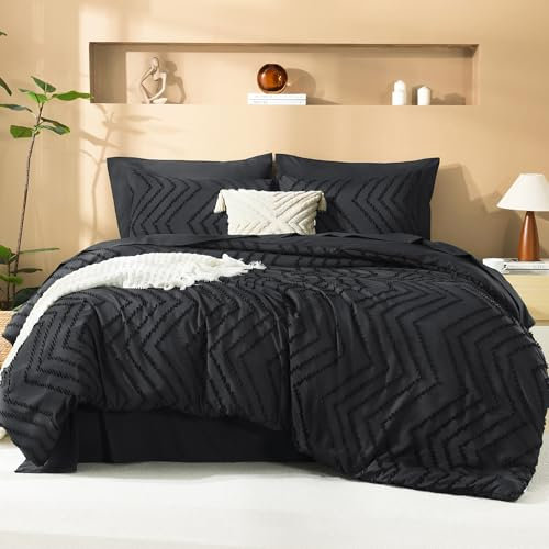 Litanika Bettwäsche-Set in voller Größe, 7-teiliges Bett in einer Tasche, komplett getuftet, komplettes Bettwäsche-Set mit Bettdecke, Laken, Kissenbezügen und Kissenbezügen, Schwarz