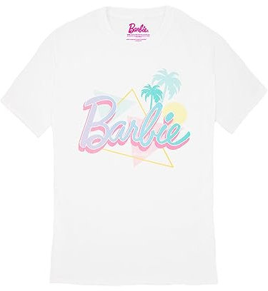 Barbie Damen Pastell Palm Tree Beach Kurzarm Weißes T-Shirt | Ikonische Marke | Modisches Design-Top für Damen | Retro-T-Shirt mit bequemer Passform Movie Merchandise Geschenk