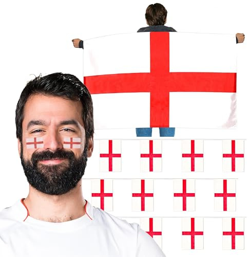 England Flag Cape, Bunting & Temporary Tattoos - English Flag Cape, X4 English Flag Tattoos and English Flag Bunting - Perfect for English Celebrations, Rugby/football Events and Other Events