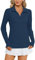 IECCP Damen Sport Poloshirt Langarm Golf Tennis Polohemd Leicht Atmungsaktiv Sommer T-Shirts mit Daumenloch Reißverschlusstaschen Dunkelblau S