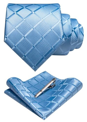 JEMYGINS Herren Hochzeit Krawatten-Set mit Karomuster und passendem Einstecktuch sowie Krawattenklammer - einfarbig in verschiedenen Farben erhältlich Himmelblau