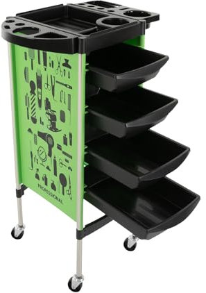 Friseurwagen Bedienungswagen Salon Rollwagen mit 4 Schubladen Schubladen 52 x 38 x 88cm Faltbare Gerätehalter SPA Friseurwagen für Stylist Friseur Haarstyling (Grün)