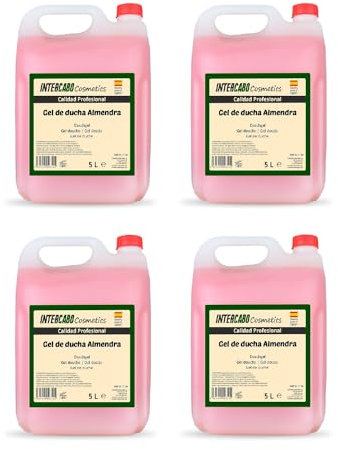 Pack 4 garrafas gel de ducha 5 litros - total 20 litros con fragancia flor de almendro - fórmula suave con pH neutro para uso diario - higiene corporal en hoteles o gimnasios - Intercabo Cosmetics