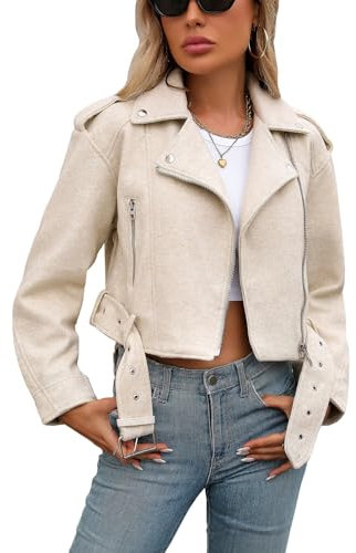 YILANUOYI Cropped-Wollmantel für Damen, Bomberjacke, Bikerjacke, Outwear mit Gürtel, Beige, L