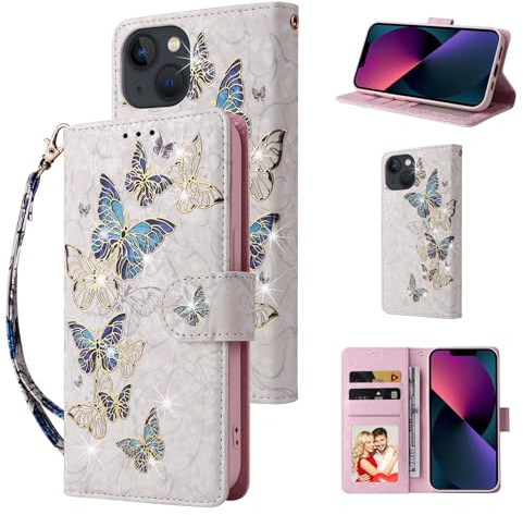 UEEBAI Wallet Case for iPhone 14, PU Leather Phone Case Kickstand RFID Blocking Flip Case Card Slots Wrist Strap Relief Engraved Pattern Magnetic Closure Folio Case - Blue Butterfly