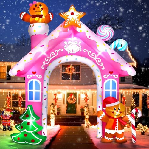 Kalolary 12FT aufblasbare Weihnachtsdekoration, Rosa Weihnachten Lebkuchen Mann aufblasbar Bogen Hof Deko mit LED Licht für die Weihnachtsfeier