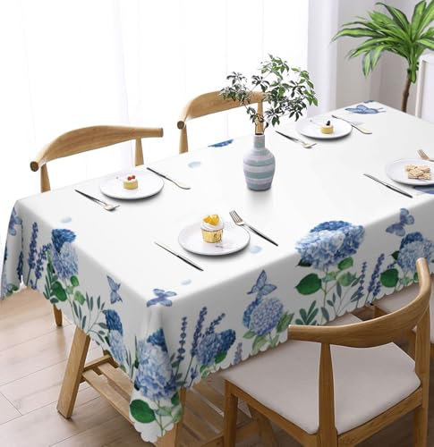 Tischdecke Abwaschbar Rechteckig 110x140cm, Hortensien Tischdecke Outdoor Hortensien Tischdecke Fleckschutz Pflegeleicht Wasserdicht Tischtuch für Küche, Esstisch, Couchtisch, Party, Garten