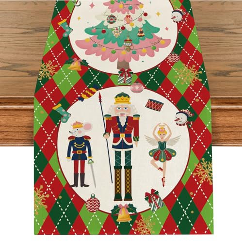 Tarklanda Weihnachten Nussknacker Tischläufer, Weihnachtsbaum Winter Saisonnal Waschbar Küche Esstisch Dekoration für Drinnen und Draußen Urlaub Party Wohnzimmer Dekor 40x140cm