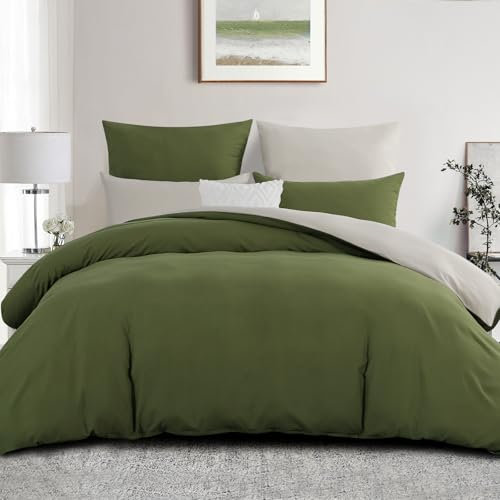 Aisbo Double Size Duvet Cover Set - 3Pcs Reversible Bedding Bed Set Olive Green and Beige Double Soft Brushed Microfiber Quilt Cover with 2 Pillowcases 50x75cm
