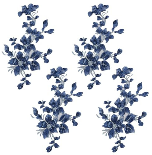 HOBBIESAY 4 Stück Stickerei Pailletten Spitzenapplikationen Blaue Blätter Blumen Aufnäher Polyester Dekorative Blumenapplikationen Kleider Nähdekorationen Für Stoff DIY Basteln