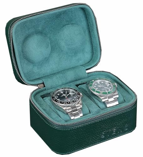 2 Uhren-Reiseetui für Männer und Frauen, echtes Top-Grain-Leder mit Wildleder zum Schutz Reißverschluss passend für alle Uhren bis zu 60mm (2W-Z-GRL)