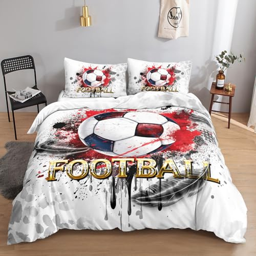 HOSIMA Bettwäscheset mit Fußball-Aufdruck für Jungen und Mädchen, Bettbezug mit 2 Kissenbezügen (Fußball S)