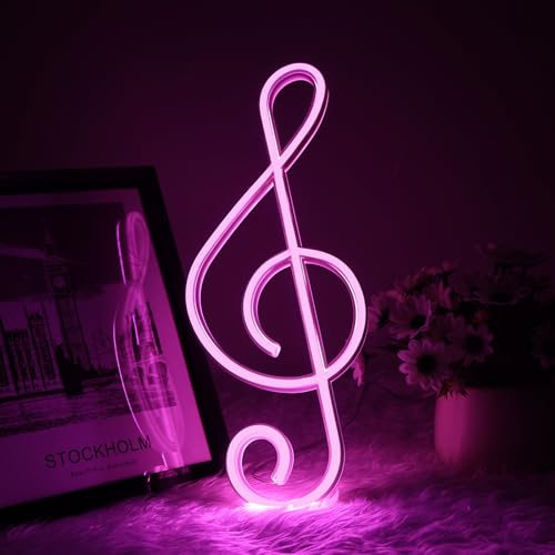 AOOTE Music Note Neon Signs, Música USB Neón Iluminación, Neon Lights para la Decoración de la Pared, LED Neón Signos, Batería o Luces de Neón Operadas por USB, para Bar Estudio de Música, Luz Rosa