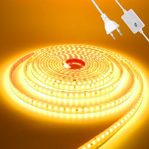 Wisada Dimmbar LED Streifen Selbstklebend, 15M 120LEDs/m 2835 SMD Flexible Superhell LED Band (Schnitt alle 10cm), Anschluss an AC220-240V Golden LED Leuchtband für Party Weihnachten Deko
