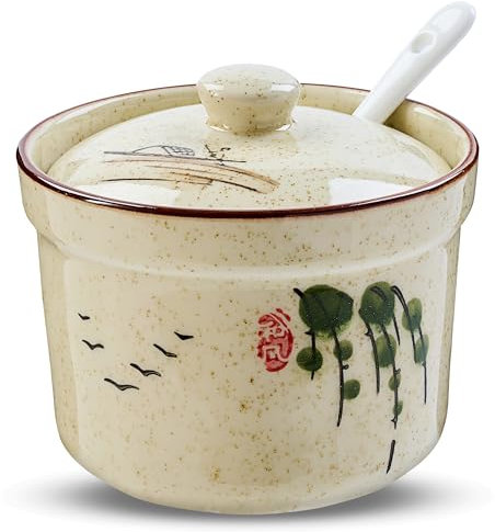 mehrido Sucrier avec cuillère, pot à sel en céramique, 300 ml, avec couvercle et cuillère, pots à épices en porcelaine pour cuisine, maison, café bar