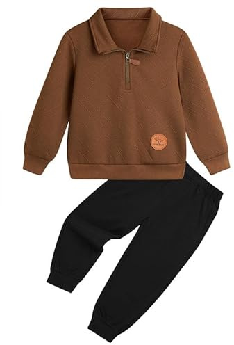 XiaoMoSha Baby Boys Clothing Set Long Sleeve Half Zip Lapel Tops and Pants 2Pcs Solid Color First Birthday Outfits for Toddler Little Kids, Brown, 18-24 Months