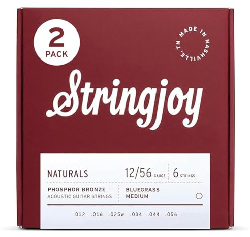 Stringjoy Naturals 12-56 Bluegrass Medium guitar strings – Phosphor Bronze Acoustic Guitar Strings - Enhanced Volume and Dynamic Response for Bluegrass Playing, Acoustic 6 String Set, 2-Pack