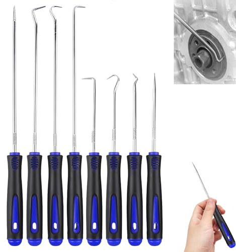 8-Teiliges Präzision Haken Kfz Werkzeug, Mini Pick und Haken Set, Zinklegierung +Gummigriff, Langes+Kurzes Professioneller Haken-Satz, O Ring Abzieher, für Autoreparatur (Blau-Schwarz 1)