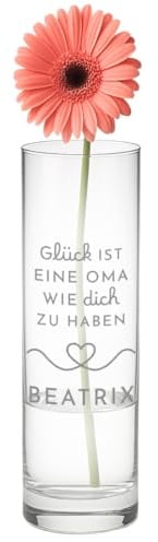 polar-effekt Blumenvase 26,5 cm mit Namensgravur und Herz für die Oma | Zylindervase aus klarem Glas für die Großmutter: Ein persönlicher Blumengruß der Enkel zum Geburtstag der Oma.