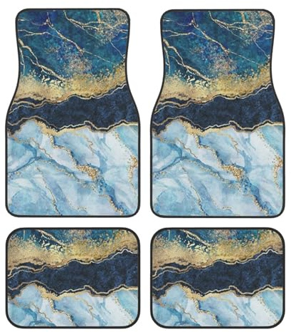 Peinture Abstraite Paillettes dorées marbre Bleu,Lot de 4 Tapis de Sol pour Voiture, Tapis de Sol antidérapants pour véhicule