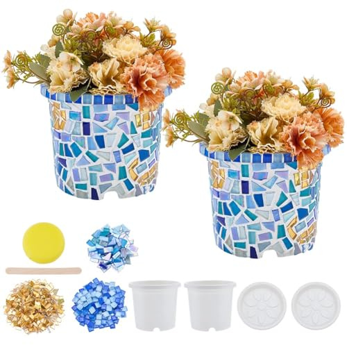 WEBEEDY 2 Mosaikfliesen DIY Set Mosaik Bastelset Für Erwachsene Anfänger | diy-vasenmosaik-set;diy-mosaik-kunst und bastelset;blumentopf vase pflanzgefäß;mit anleitung;handgemachte wohnkultur