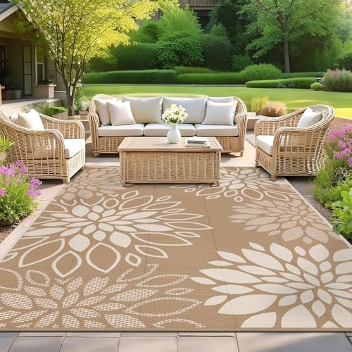 SHACOS Outdoor Teppich Wetterfest, Wendbarer Vorzeltteppich UV-Beständig, Balkon Teppich Leicht Kunststoff, für Camping Wohnmobil Garten Terrassen, Blumen Braun, 150 x 240 cm