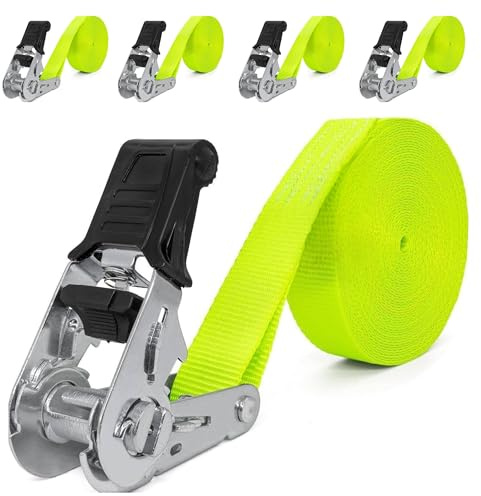 INTAKO Lot de 4 Sangles à Cliquet (4m ou 6m) - 25mm 800kg - Sangles d’Arrimage Moto, Remorque, Quad, Bagages - Certifiées TÜV GS, DIN en 12195-2 (Vert (Ergolash), 4m (Lot de 4))