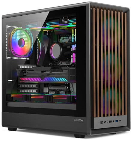 GAMEON TIMBERI Midnight Series ARGB Gaming Case – Mid Tower | 7× Pre-Installed ARGB+PWM Fans | Wood-Texture Panels | Tempered Glass | Supports ATX/M-ATX/ITX | 420mm GPU Compatibility – Wood/Black