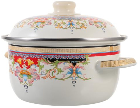 NUOBESTY Vintage Enamelware Stew Pot with Lid, 20Cm Thickened Wear-Resistant Enamel Cooking Pot with Dual Handles for Gas Stove and Stove Top, Small Retro Saucepan for Soup and Stewing