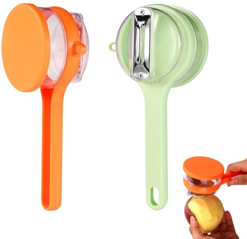 2pcs Vegetable Peeler with Container, Fruit Vegetable Peeling Tool with Catcher Storage Bucket Box Stainless Steel Blade Veggie Potato Versatile Peeler Knife for Home Kitchen (Green, Orange)