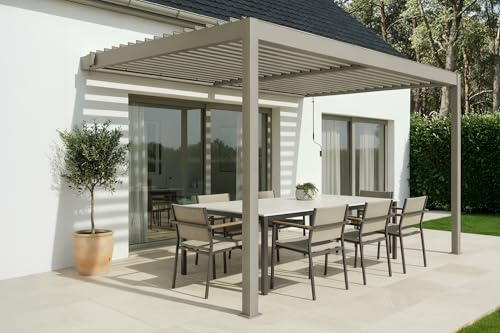 CAZEBOO Pergola Bioclimatique Adossée Piana 4x3 m Aluminium Taupe - Lames Orientables 0 à 110° Acier - Protection Terrasse 12m² - Résistance Vent 70 km/h - Manivelle Incluse