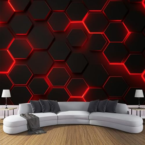 DACRWEKZ Black and red Hexagonal Geometric Pattern Sci-fi Game Style 3D Silk Wall Mural Photo Wallpaper, Premium Art Print Decor for Living Room Kids' Bedroom & Home Interiors 250x175cm