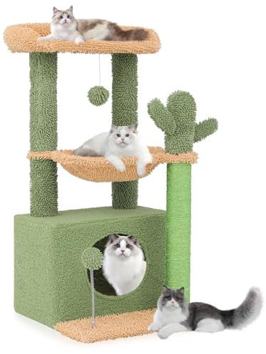 Generic 33 Cactus Cat Tree for Indoor Cats, Multi-Level Tower with Scratching Posts, Top Perch, Platforms and Hanging Balls, Fun Climbing Playhouse Kittens Adults