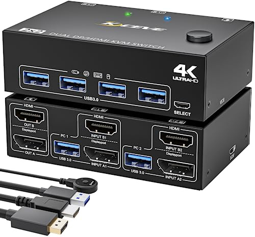 YOUTINGHDAV KVM Switch 2 PC 2 Monitores DP HDMI, USB 3.0 Dual Monitor KVM Switch DisplayPort HDMI Comparten 4 USB 3.0 ports Ratón Teclado, 4K@60Hz, Wired Remote(4K DP HD 2 in 2 out)
