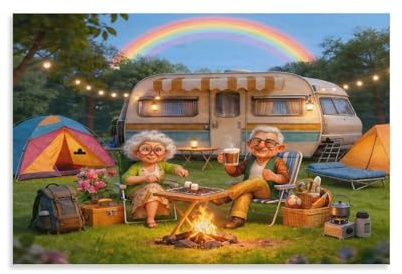 für Erwachsene Puzzles 1500 Teile PuzzlesRentnerehepaar beim Camping Aus Karton，ab 14 Jahren Stressabbau Geschenkspielzeug。 57x87cm