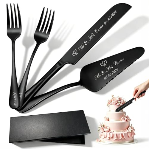 YVD Personalised Wedding Cake Knife Set, 4-Piece with Server and 2 Forks | Custom engraved stainless steel set with names, a date or selected icon for weddings, engagements and anniversaries