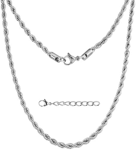 Silvadore 4mm ROPE Silver Chain for Men Women Necklace - Stainless Steel Strong Solid Diamond-Cut Twist Links - Cool Mens Jewellery Gift - 61cm / 24 inch