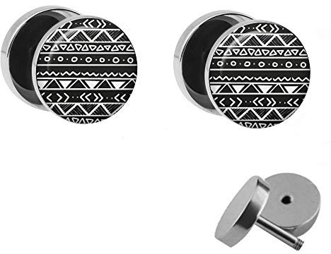 Treuheld® | Set - Indianer Muster - 2 Ohrstecker zum Schrauben - SCHWARZ-WEIßE Ethno Fake Plugs - Ø 10mm - Ohrringe Fakeplug - Silber Ohrring in Schwarz-Weiß - Chirurgenstahl Faketunnel