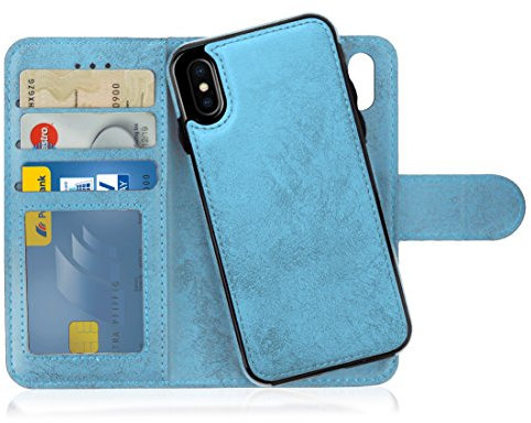 MyGadget Flip Case für iPhone X | Xs - [ abnehmbare Magnet Hülle ] - Handyhülle aus Kunstleder - [ Klapphülle mit Kartenfach ] Schutzhülle in Hellblau