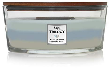 Millefiori WoodWick Trilogy-Duftkerze im ellipsenförmigen Glas mit HearthWick-Docht, Woven Comforts