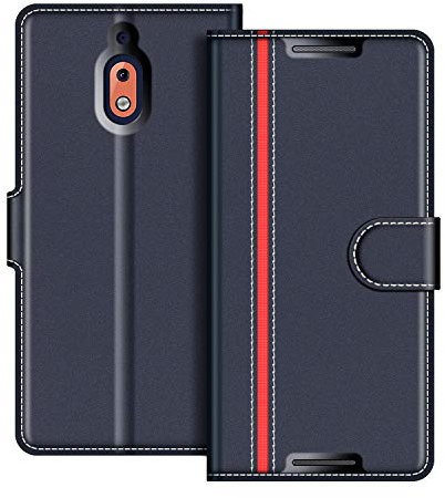 COODIO Coque en Cuir pour Nokia 2.1, Étui Housse Pochette Fonction Stand pour Nokia 2.1, Bleu Foncé/Rouge