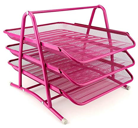Leviatan Metall Ablage Ablagefächer | Büro Organizer Schreibtisch | Schubladen für Dokumente | 3 Schubfächer Briefablage Dokumentenablage A4 Organizer Mesh | Rosa