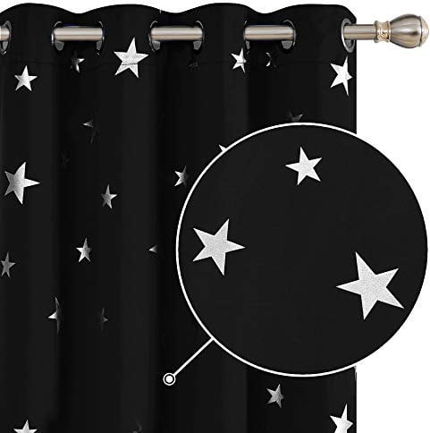 Deconovo Gardinen Verdunkelung für Schlafzimmer Thermo Vorhänge mit Ösen Vorhang mit Muster Sterne, 138x132 cm(HöhexBreite), Schwarz, 2er Set