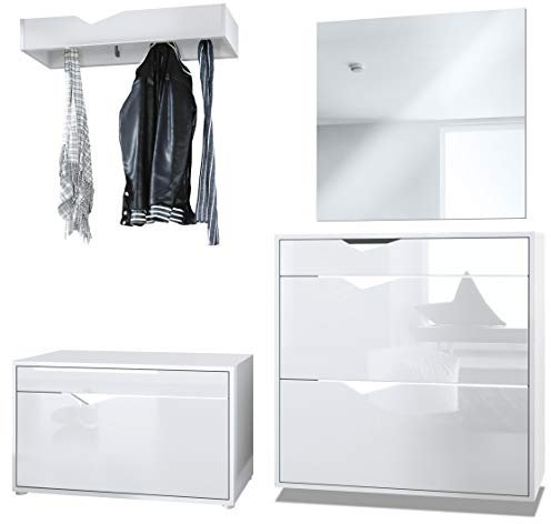 Vladon Garderobe Kolmio 190 x 185 x 33 cm Flurgarderoben Set, Made in Germany, Korpus in Weiß matt, Fronten in Weiß Hochglanz | Große Farbauswahl