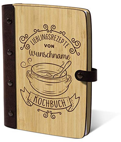 Kartenmachen.de Notizbuch, Rezeptbuch, Rezeptordner Holzcover mit Echtleder Rücken 72 Blatt | 144 Seiten A5 hoch 158x222mm Bambus - Kochbuch