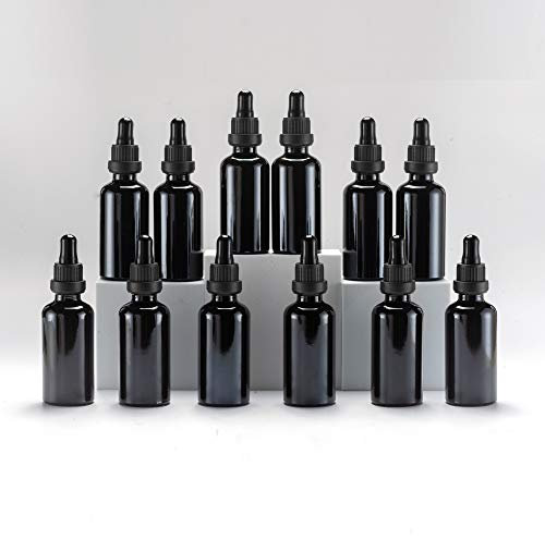 YIZHAO Pipettenflasche 50ml Schwarz, Apothekerflasche mit Pipette Glas, für Ätherisches Öl, Aromatherapie, Massage, Düfte, Labor, Kosmetik, Reisen – 12 Pcs