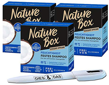 3x Nature Box Festes Shampoo mit Kokosnuss-Öl 85g + DIES&DAS Kugelschreiber im Wert von 2,90